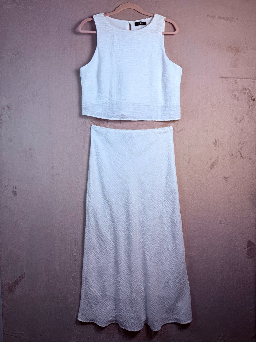 Lulu's White Textured Crop Top & Maxi Skirt Set